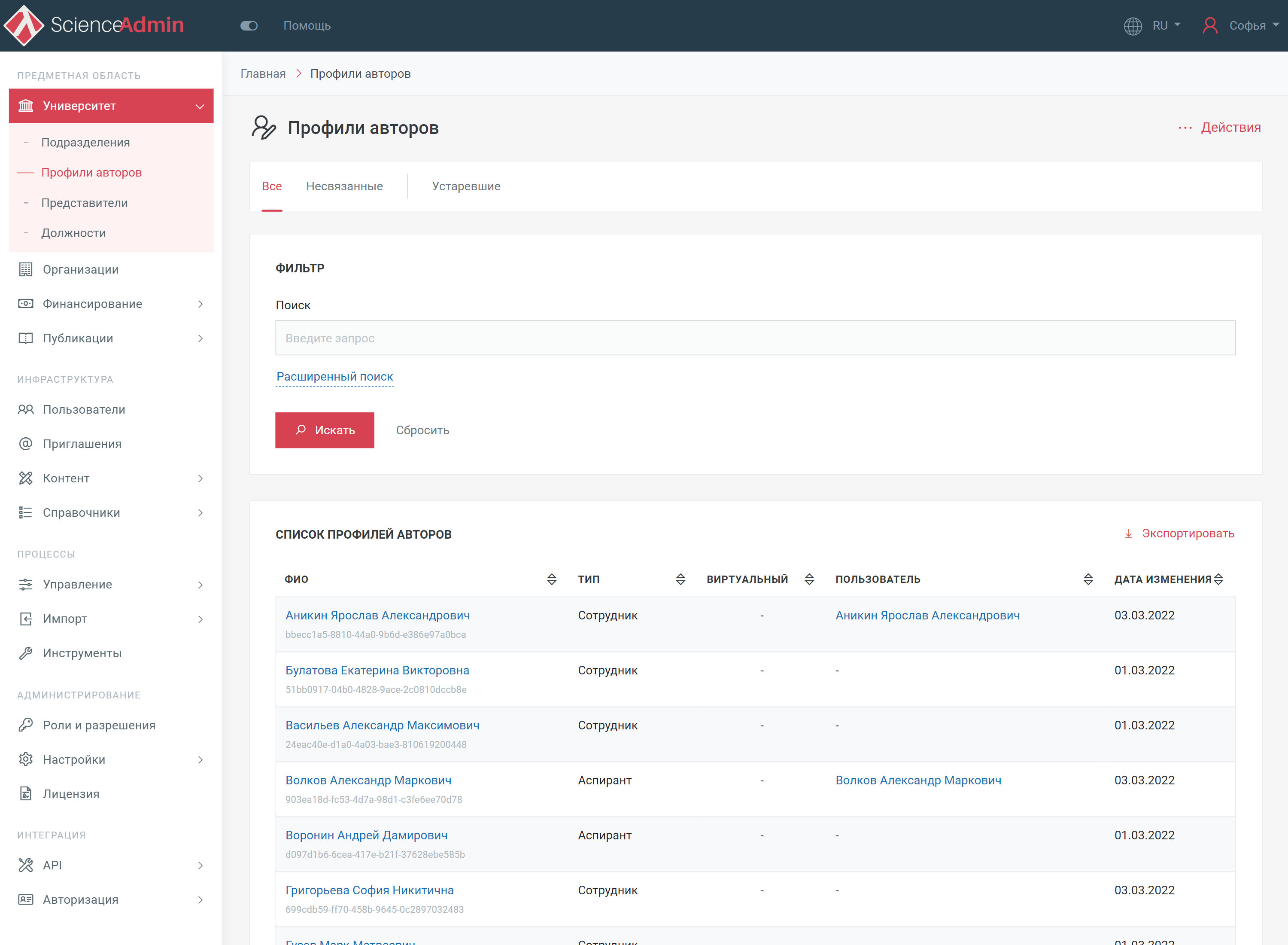 Список профилей авторов